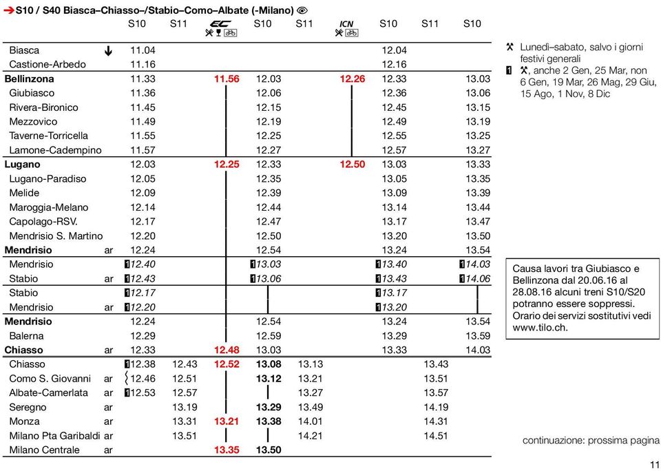 27 ƒ 12.57 13.27 Lugano 12.03 12.25 12.33 12.50 13.03 13.33 Lugano-Paradiso 12.05 ƒ 12.35 13.05 13.35 Melide 12.09 ƒ 12.39 13.09 13.39 Maroggia-Melano 12.14 ƒ 12.44 13.14 13.44 Capolago-RSV. 12.17 ƒ 12.