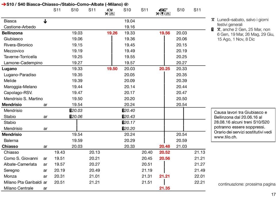 33 Lugano-Paradiso 19.35 20.05 ƒ 20.35 Melide 19.39 20.09 ƒ 20.39 Maroggia-Melano 19.44 20.14 ƒ 20.44 Capolago-RSV. 19.47 20.17 ƒ 20.47 Mendrisio S. Martino 19.50 20.20 ƒ 20.50 Mendrisio ar 19.54 20.