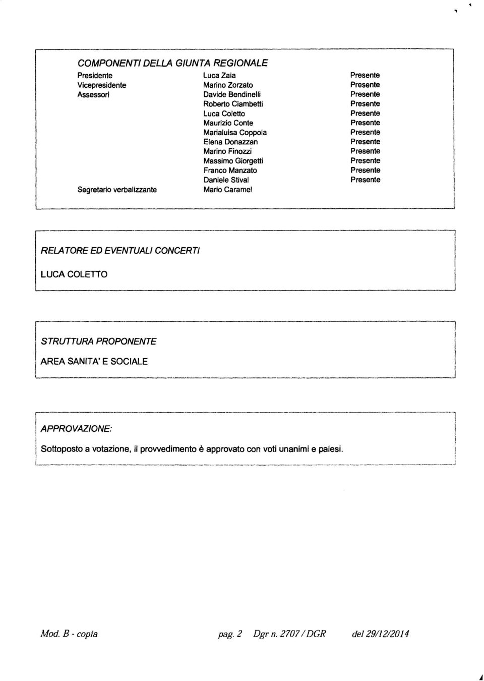 PROPONENTE ri AREA SANITA' E SOCIALE -i I j 1------------- -- ----- ------------ - - -- -- - ------- ------ 1 l APPROVAZIONE: : I I Sottoposto a votazione, il prowedimento è approvato