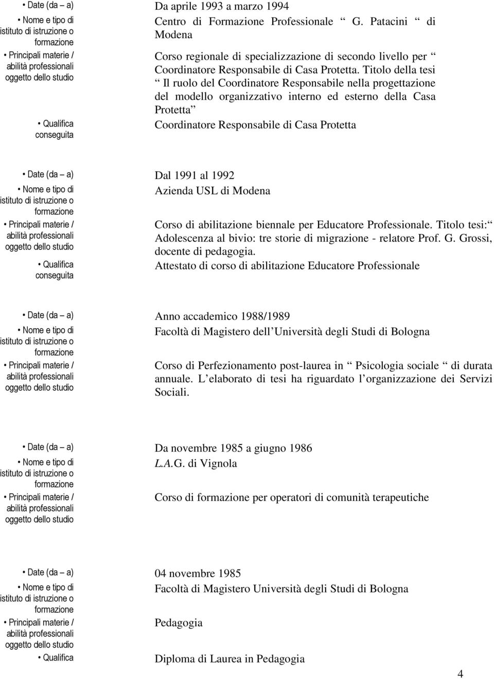 Titolo della tesi Il ruolo del Coordinatore Responsabile nella progettazione del modello organizzativo interno ed esterno della Casa Protetta Coordinatore Responsabile di Casa Protetta Date (da a)