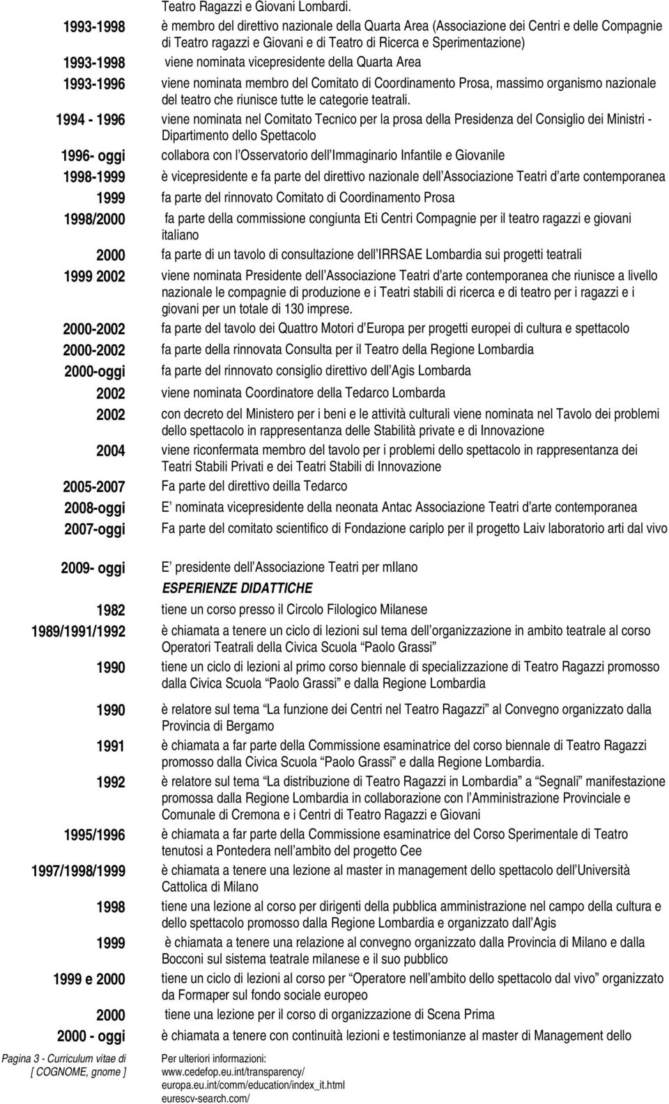 vicepresidente della Quarta Area 1993-1996 viene nominata membro del Comitato di Coordinamento Prosa, massimo organismo nazionale del teatro che riunisce tutte le categorie teatrali.