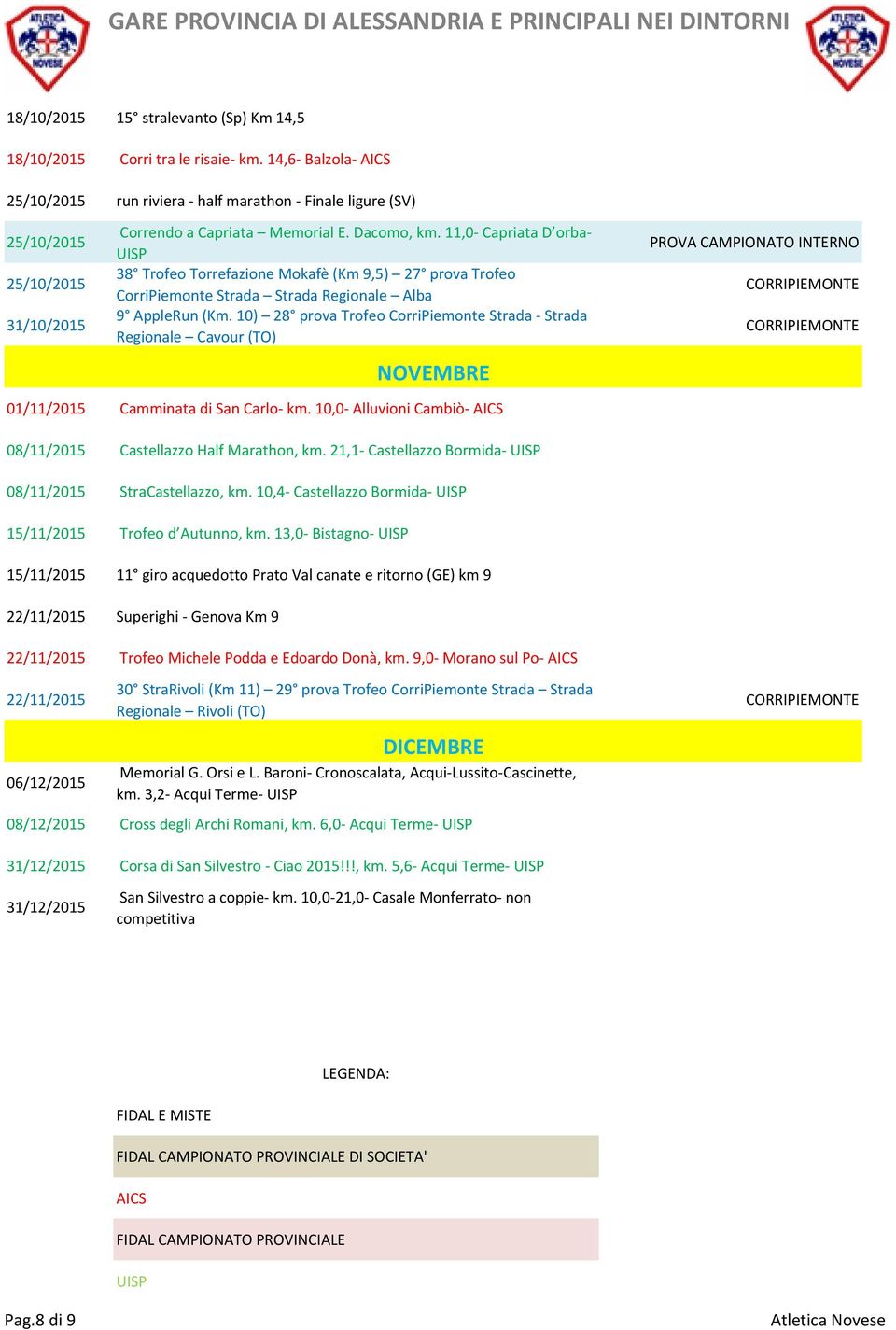 11,0 Capriata D orba 38 Trofeo Torrefazione Mokafè (Km 9,5) 27 prova Trofeo CorriPiemonte Strada Strada Regionale Alba 9 AppleRun (Km.