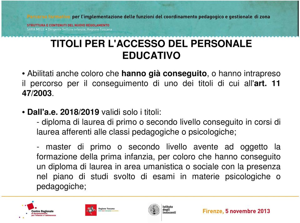 laurea afferenti alle classi pedagogiche o psicologiche; - master di primo o secondo livello avente ad oggetto la formazione della prima infanzia, per