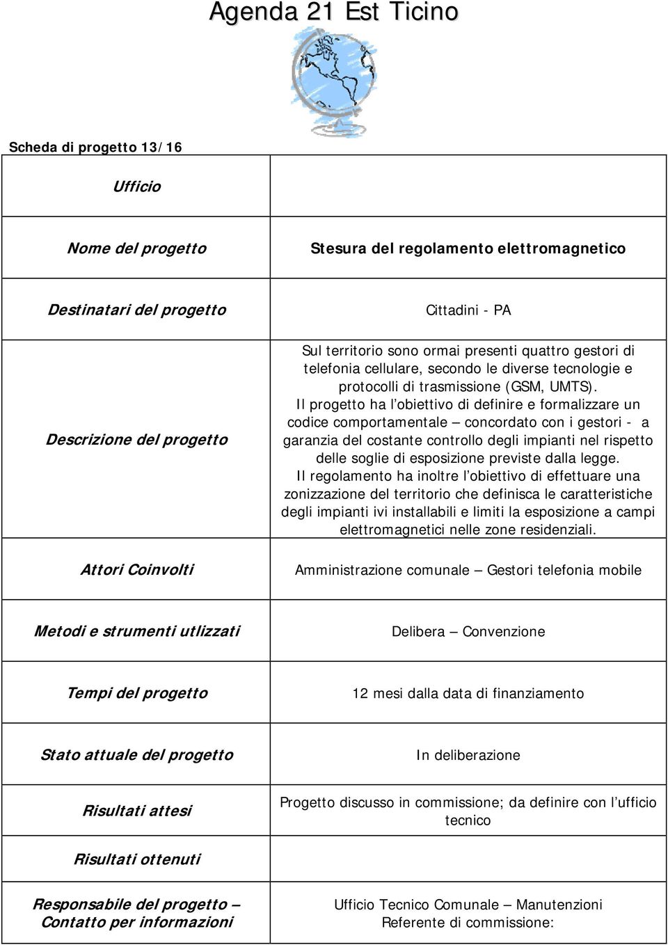 Il progetto ha l obiettivo di definire e formalizzare un codice comportamentale concordato con i gestori - a garanzia del costante controllo degli impianti nel rispetto delle soglie di esposizione