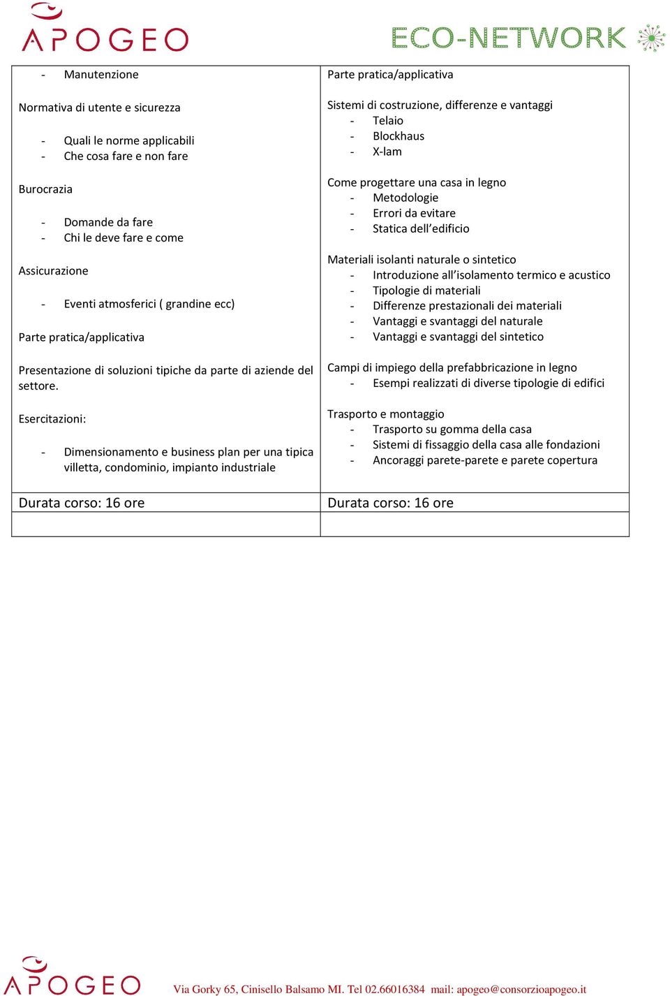 Esercitazioni: - Dimensionamento e business plan per una tipica villetta, condominio, impianto industriale Parte pratica/applicativa Sistemi di costruzione, differenze e vantaggi - Telaio - Blockhaus