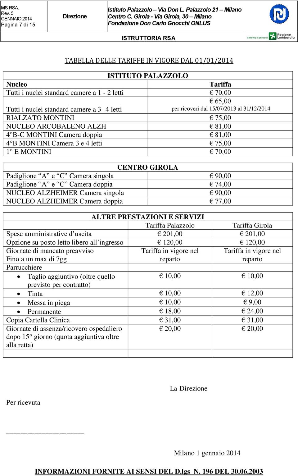 Padiglione A e C Camera singola 90,00 Padiglione A e C Camera doppia 74,00 NUCLEO ALZHEIMER Camera singola 90,00 NUCLEO ALZHEIMER Camera doppia 77,00 ALTRE PRESTAZIONI E SERVIZI Tariffa Palazzolo