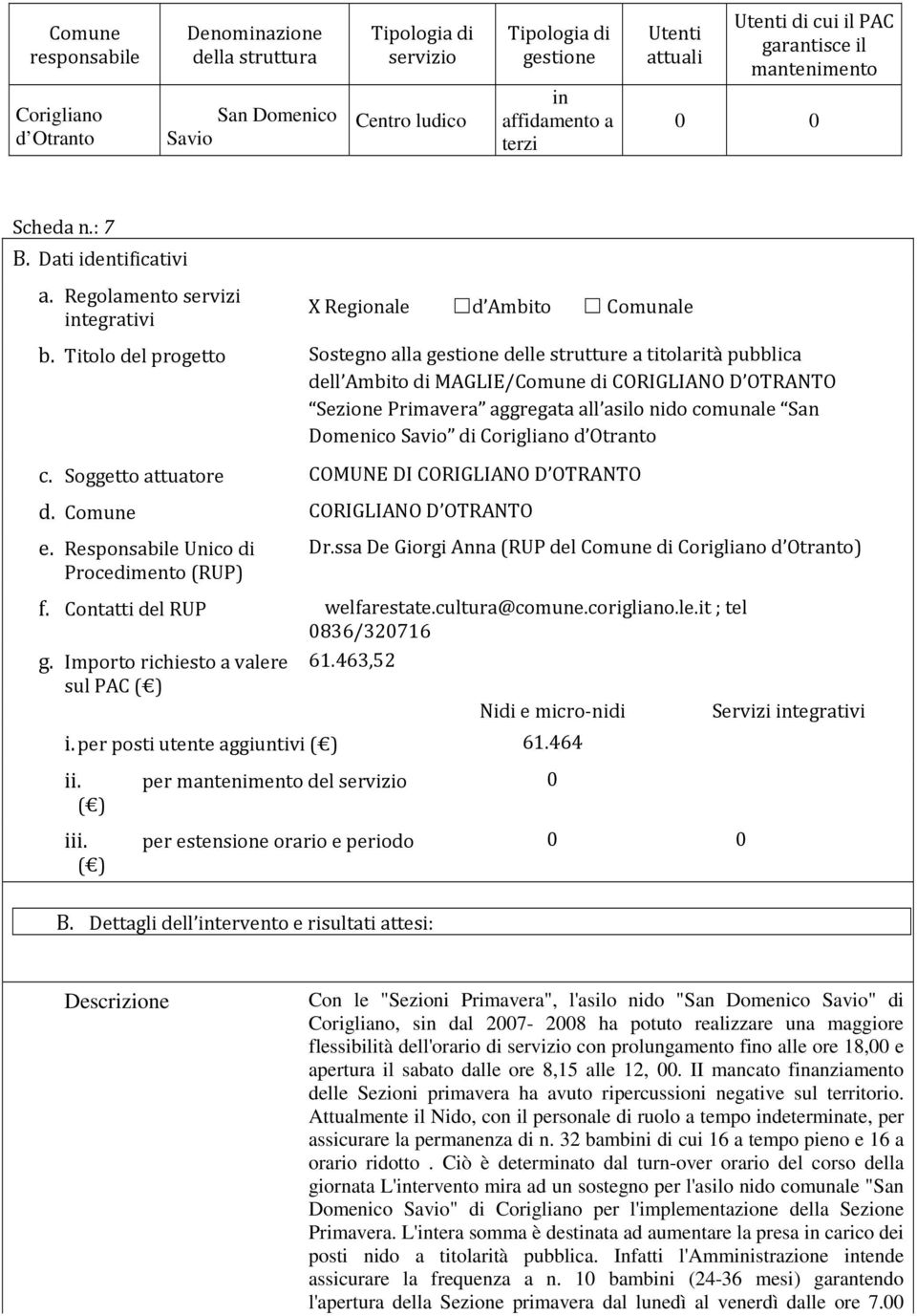 Titolo del progetto Sostegno alla gestione delle strutture a titolarità pubblica dell Ambito di MAGLIE/Comune di CORIGLIANO D OTRANTO Sezione Primavera aggregata all asilo nido comunale San Domenico