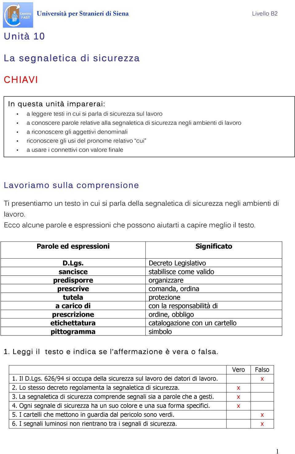 parla della segnaletica di sicurezza negli ambienti di lavoro. Ecco alcune parole e espressioni che possono aiutarti a capire meglio il testo. Parole ed espressioni D.Lgs.