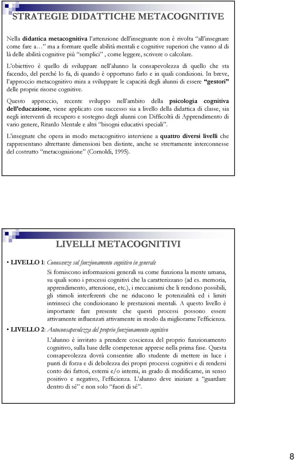 L obiettivo è quello di sviluppare nell alunno la consapevolezza di quello che sta facendo, del perché lo fa, di quando è opportuno farlo e in quali condizioni.