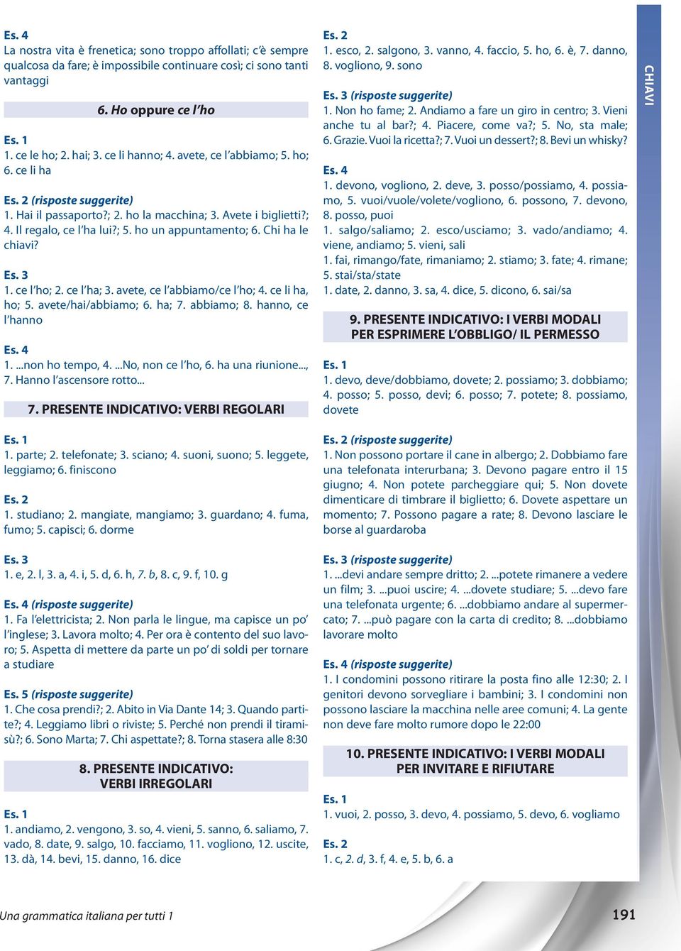 Chi ha le chiavi? Es. 3 1. ce l ho; 2. ce l ha; 3. avete, ce l abbiamo/ce l ho; 4. ce li ha, ho; 5. avete/hai/abbiamo; 6. ha; 7. abbiamo; 8. hanno, ce l hanno Es. 4 1....non ho tempo, 4.