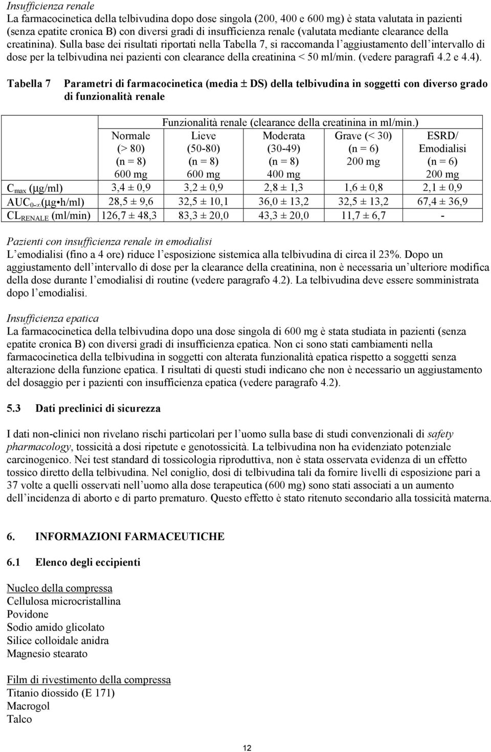 Sulla base dei risultati riportati nella Tabella 7, si raccomanda l aggiustamento dell intervallo di dose per la telbivudina nei pazienti con clearance della creatinina < 50 ml/min.