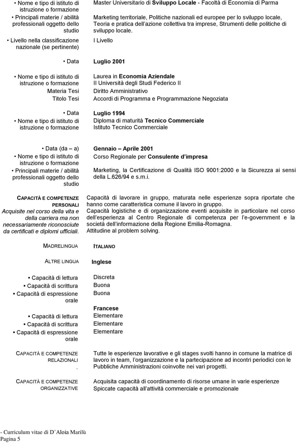 I Livello Data Luglio 2001 Nome e tipo di istituto di Materia Tesi Titolo Tesi Laurea in Economia Aziendale II Università degli Studi Federico II Diritto Amministrativo Accordi di Programma e