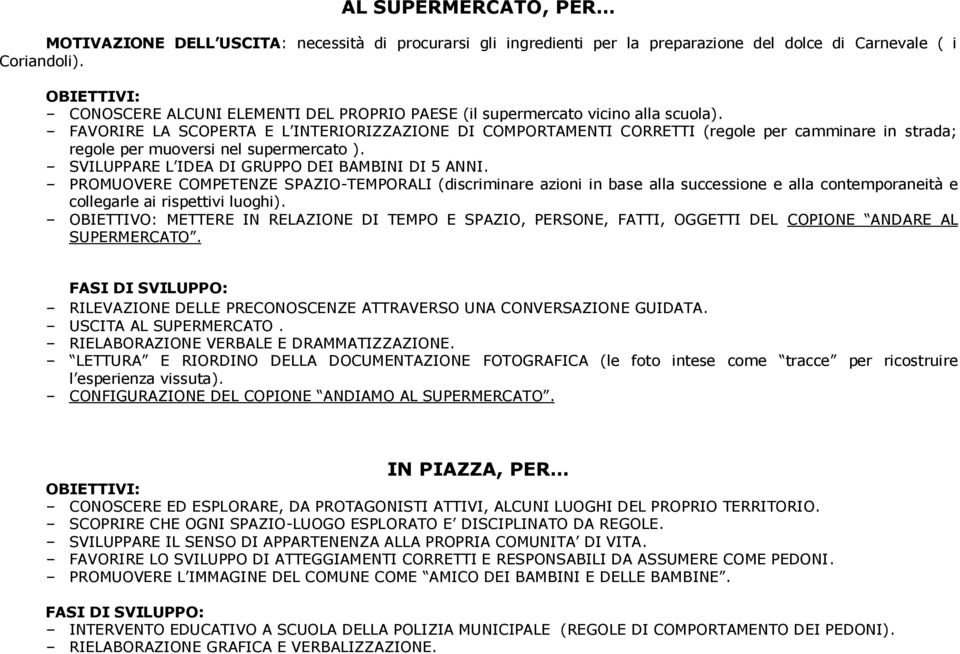 FAVORIRE LA SCOPERTA E L INTERIORIZZAZIONE DI COMPORTAMENTI CORRETTI (regole per camminare in strada; regole per muoversi nel supermercato ). SVILUPPARE L IDEA DI GRUPPO DEI BAMBINI DI 5 ANNI.