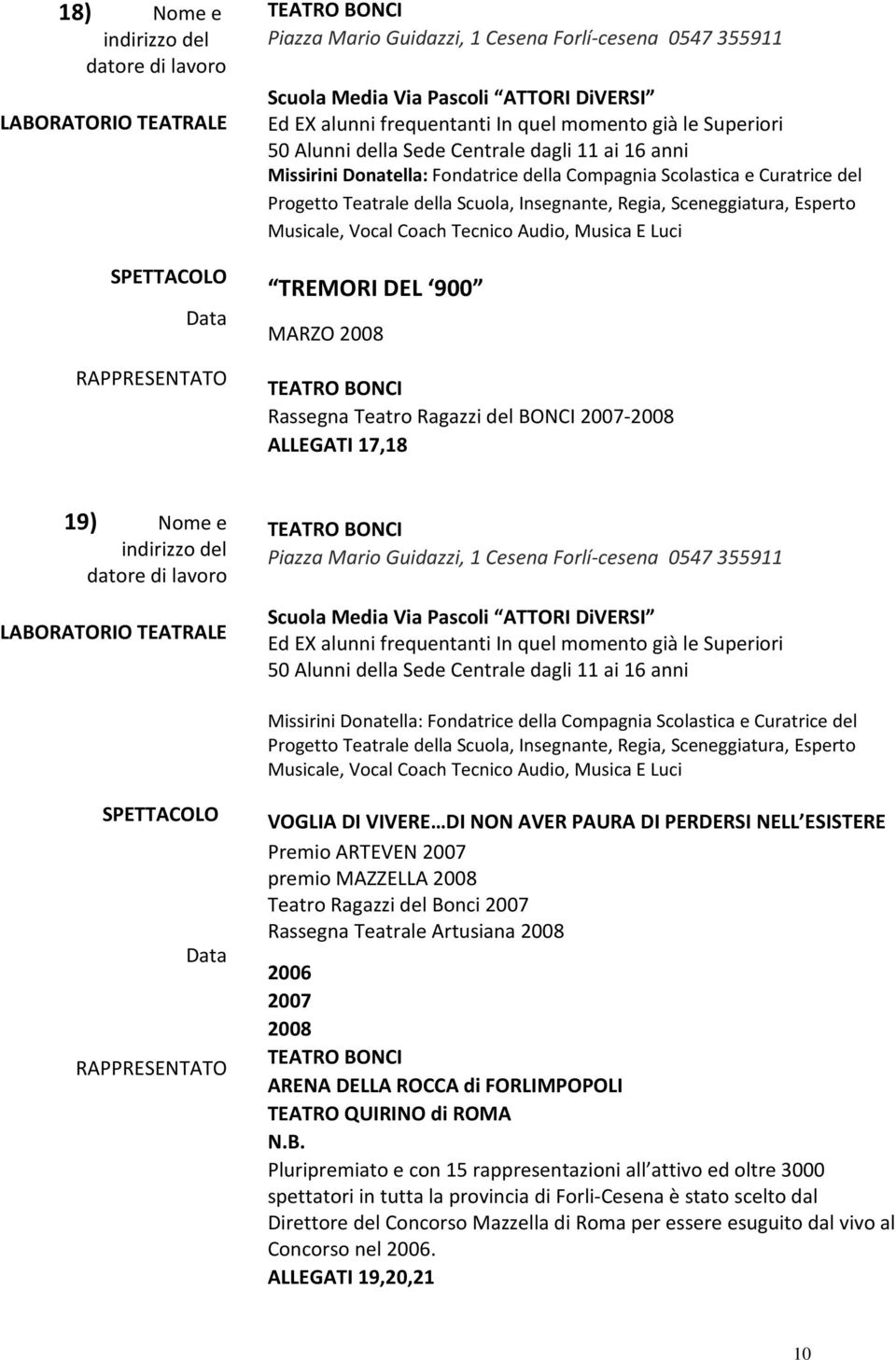 Coach Tecnico Audio, Musica E Luci TREMORI DEL 900 MARZO 2008 TEATRO BONCI Rassegna Teatro Ragazzi del BONCI 2007-2008 ALLEGATI 17,18 19) Nome e TEATRO BONCI Piazza Mario Guidazzi, 1 Cesena