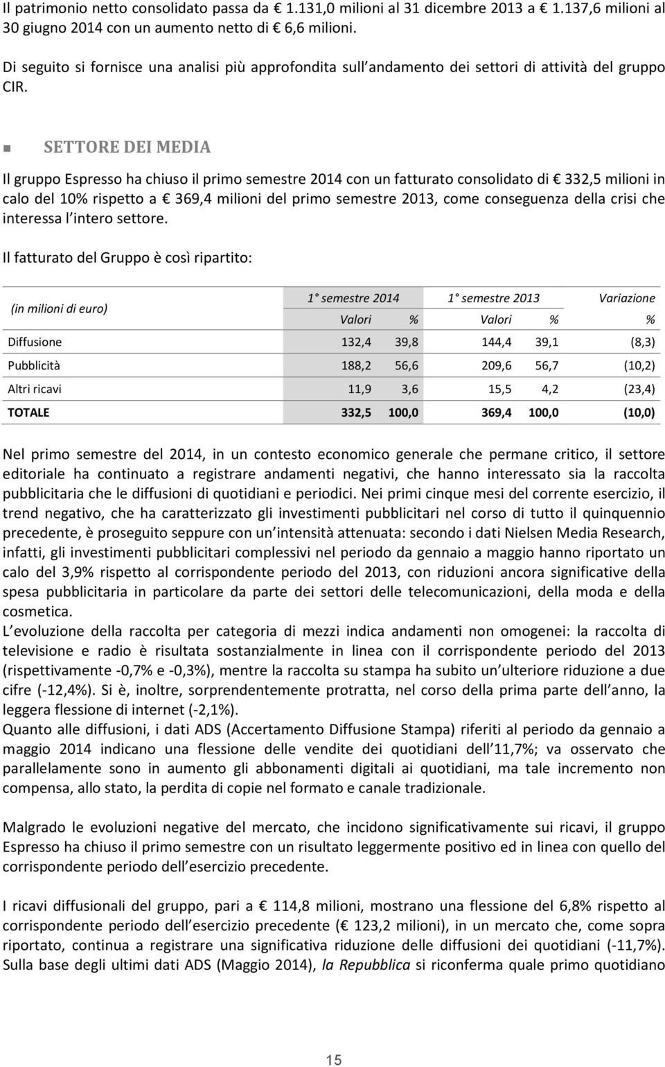 SETTORE DEI MEDIA Il gruppo Espresso ha chiuso il primo semestre 2014 con un fatturato consolidato di 332,5 milioni in calo del 10% rispetto a 369,4 milioni del primo semestre 2013, come conseguenza