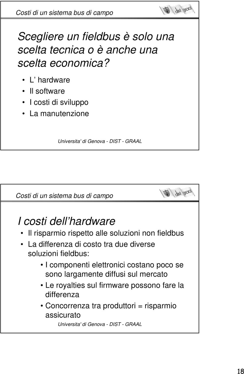 rispetto alle soluzioni non fieldbus La differenza di costo tra due diverse soluzioni fieldbus: I componenti elettronici costano