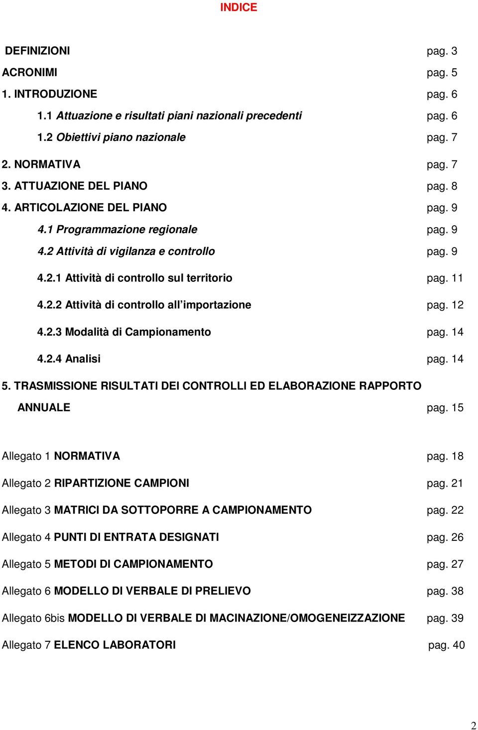 12 4.2.3 Modalità di Campionamento pag. 14 4.2.4 Analisi pag. 14 5. TRASMISSIONE RISULTATI DEI CONTROLLI ED ELABORAZIONE RAPPORTO ANNUALE pag. 15 Allegato 1 NORMATIVA pag.