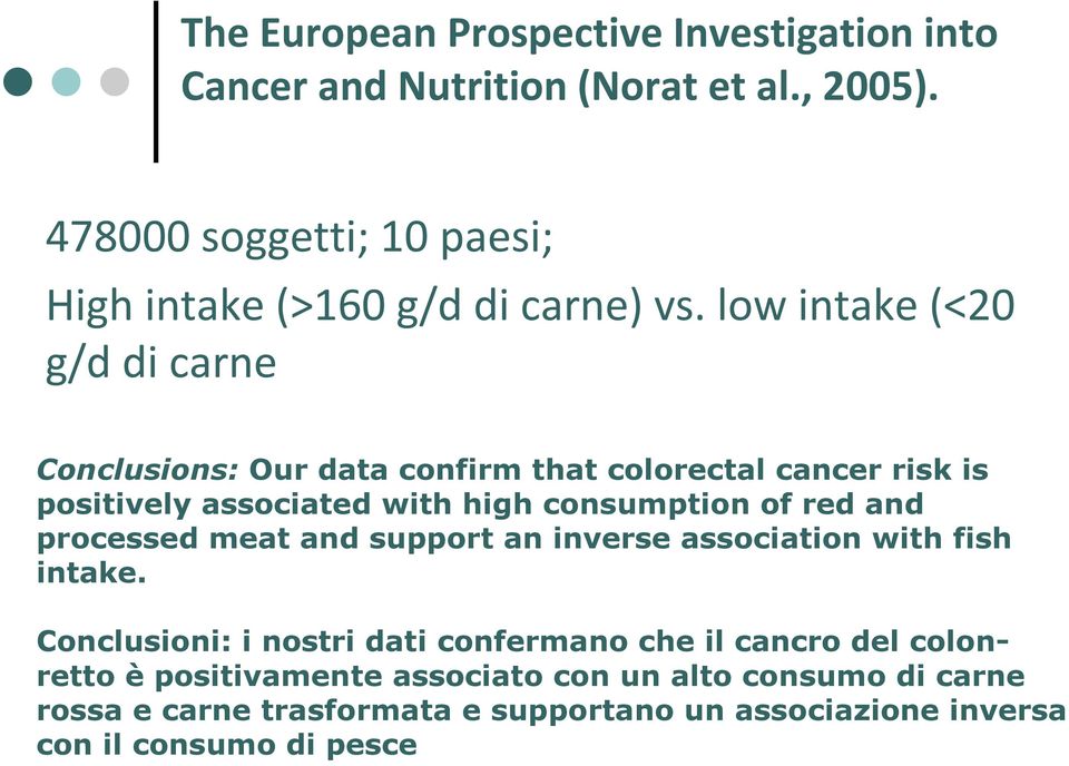 low intake (<20 g/d di carne Conclusions: Our data confirm that colorectal cancer risk is positively associated with high consumption of red