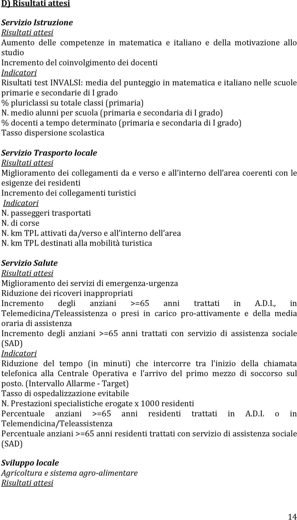 medio alunni per scuola (primaria e secondaria di I grado) % docenti a tempo determinato (primaria e secondaria di I grado) Tasso dispersione scolastica Servizio Trasporto locale Risultati attesi