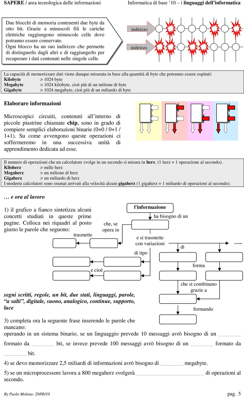 indirizz indirizz La capacità di memrizzare dati viene dunque misurata in base alla quantità di byte che ptrann essere spitati: Kilbyte > 1024 byte Megabyte > 1024 kilbyte, ciè più di un miline di