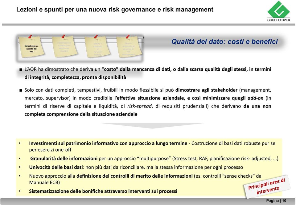 integrità, completezza, pronta disponibilità Solo con dati completi, tempestivi, fruibili in modo flessibile si può dimostrare agli stakeholder (management, mercato, supervisor) in modo credibile l