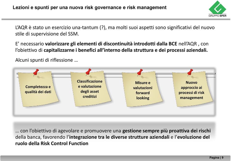 Alcuni spunti di riflessione Completezza e qualità dei dati Classificazione e valutazione degli asset creditizi Misure e valutazioni forward looking Nuovo approccio ai processi di risk management