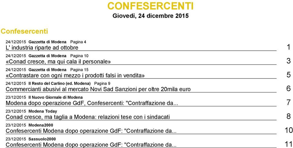 Modena) Pagina 9 Commercianti abusivi al mercato Novi Sad Sanzioni per oltre 20mila euro 6 23/12/2015 Il Nuovo Giornale di Modena Modena dopo operazione GdF, : "Contraffazione da.