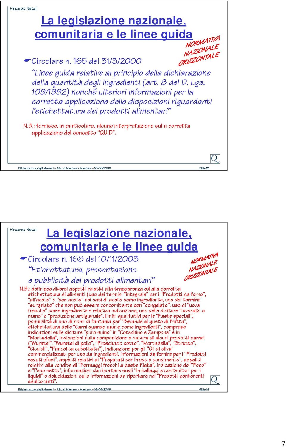 : fornisce, in particolare, alcune interpretazione sulla corretta applicazione del concetto QUID. Etichettatura degli alimenti ASL di Mantova - Mantova 16/06/2009 Slide 13 Circolare n.