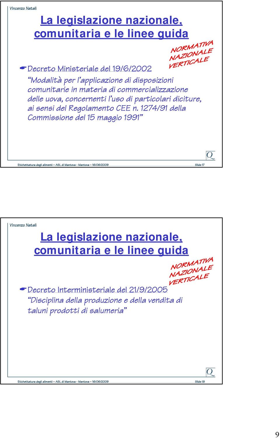 1274/91 della Commissione del 15 maggio 1991 Etichettatura degli alimenti ASL di Mantova - Mantova 16/06/2009 Slide 17 Decreto