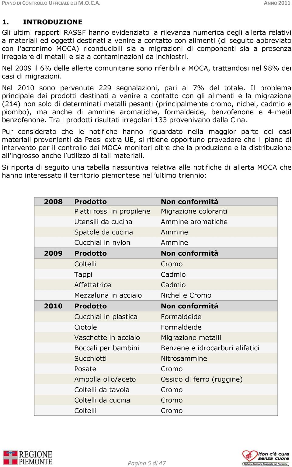 Nel 2009 il 6% delle allerte comunitarie sono riferibili a MOCA, trattandosi nel 98% dei casi di migrazioni. Nel 2010 sono pervenute 229 segnalazioni, pari al 7% del totale.