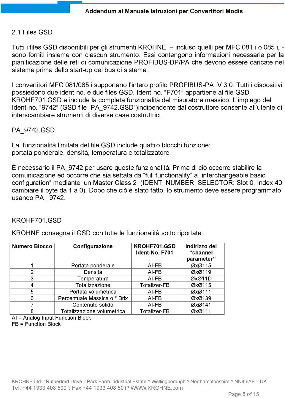 I convertitori MFC 081/085 i supportano l intero profilo PROFIBUS-PA V 3.0. Tutti i dispositivi possiedono due ident-no. e due files GSD. Ident-no. F701 appartiene al file GSD KROHF701.