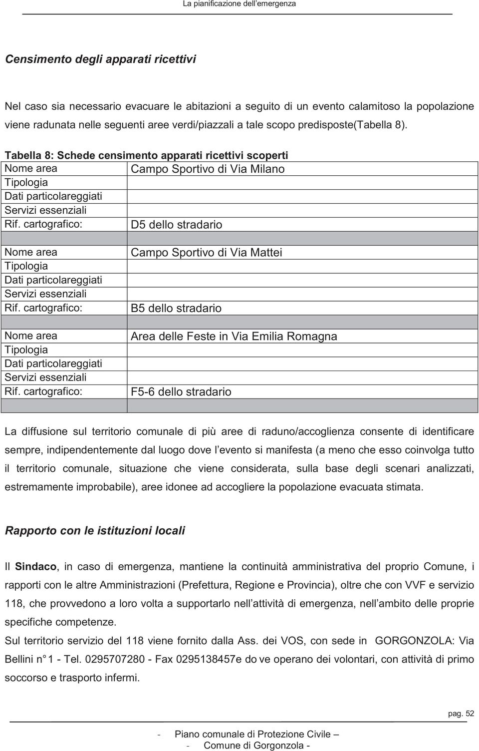 Tabella 8: Schede censimento apparati ricettivi scoperti Nome area Campo Sportivo di Via Milano Tipologia Dati particolareggiati Servizi essenziali Rif.