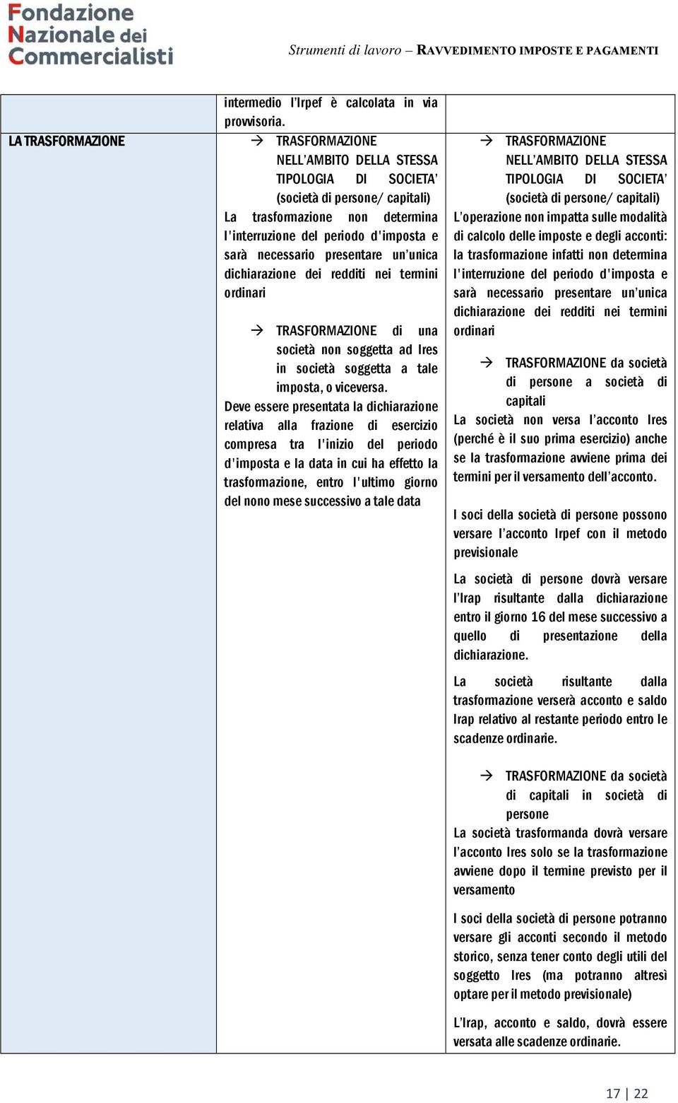 presentare un unica dichiarazione dei redditi nei termini ordinari TRASFORMAZIONE di una società non soggetta ad Ires in società soggetta a tale imposta, o viceversa.