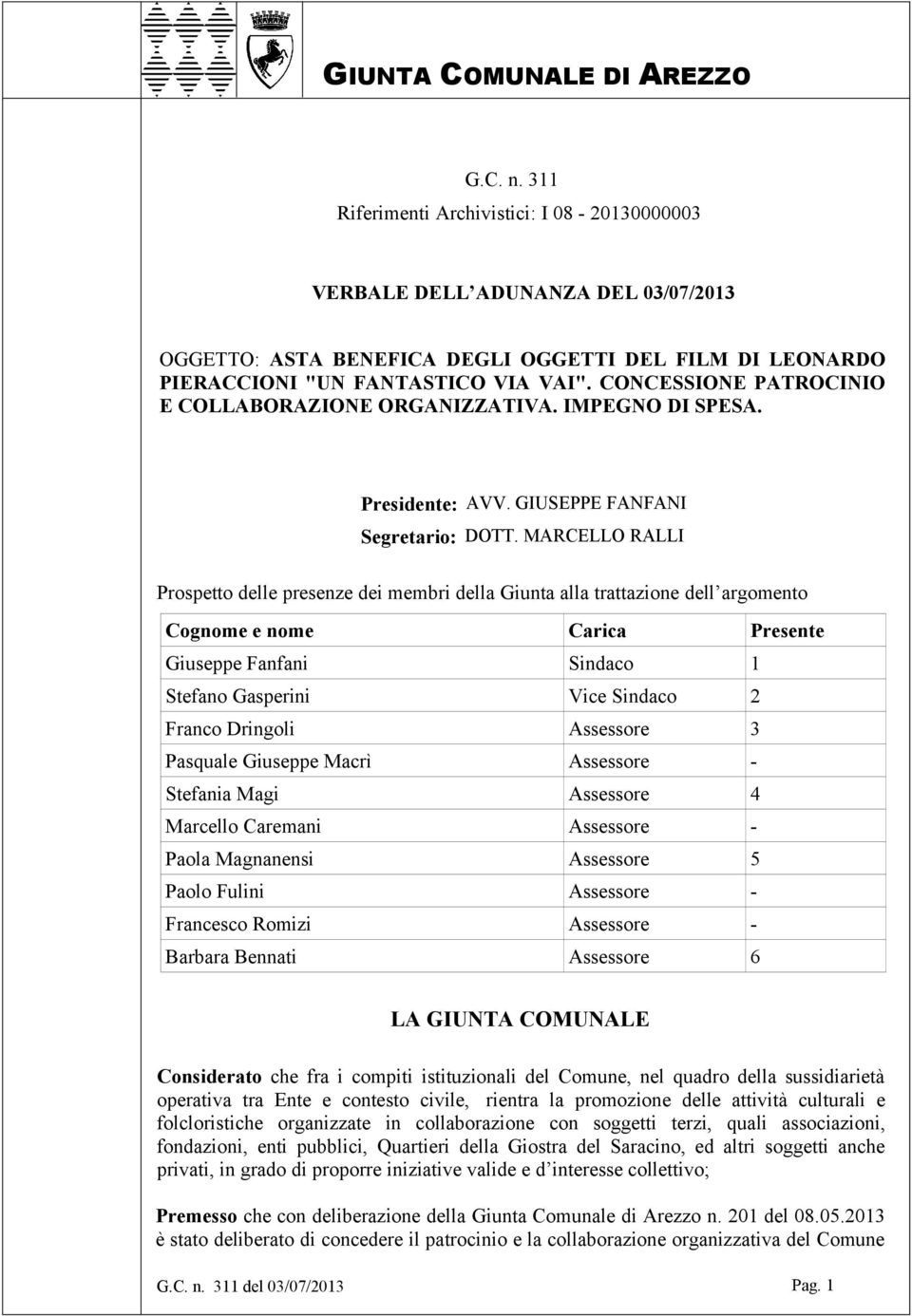 MARCELLO RALLI Prospetto delle presenze dei membri della Giunta alla trattazione dell argomento Cognome e nome Carica Presente Giuseppe Fanfani Sindaco 1 Stefano Gasperini Vice Sindaco 2 Franco