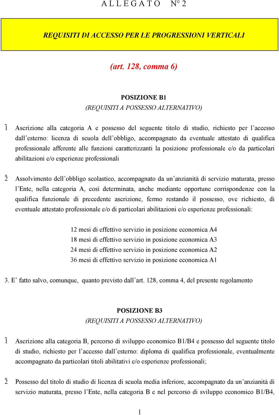 attestato di qualifica professionale afferente alle funzioni caratterizzanti la posizione professionale e/o da particolari abilitazioni e/o esperienze professionali Assolvimento dell obbligo