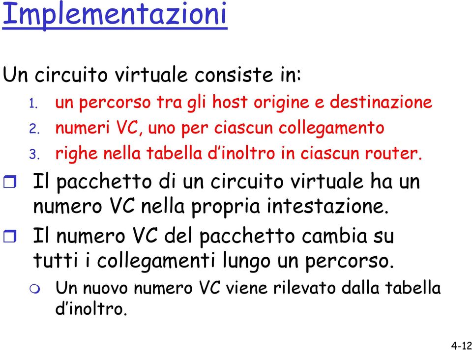 Il pacchetto di un circuito virtuale ha un numero VC nella propria intestazione.