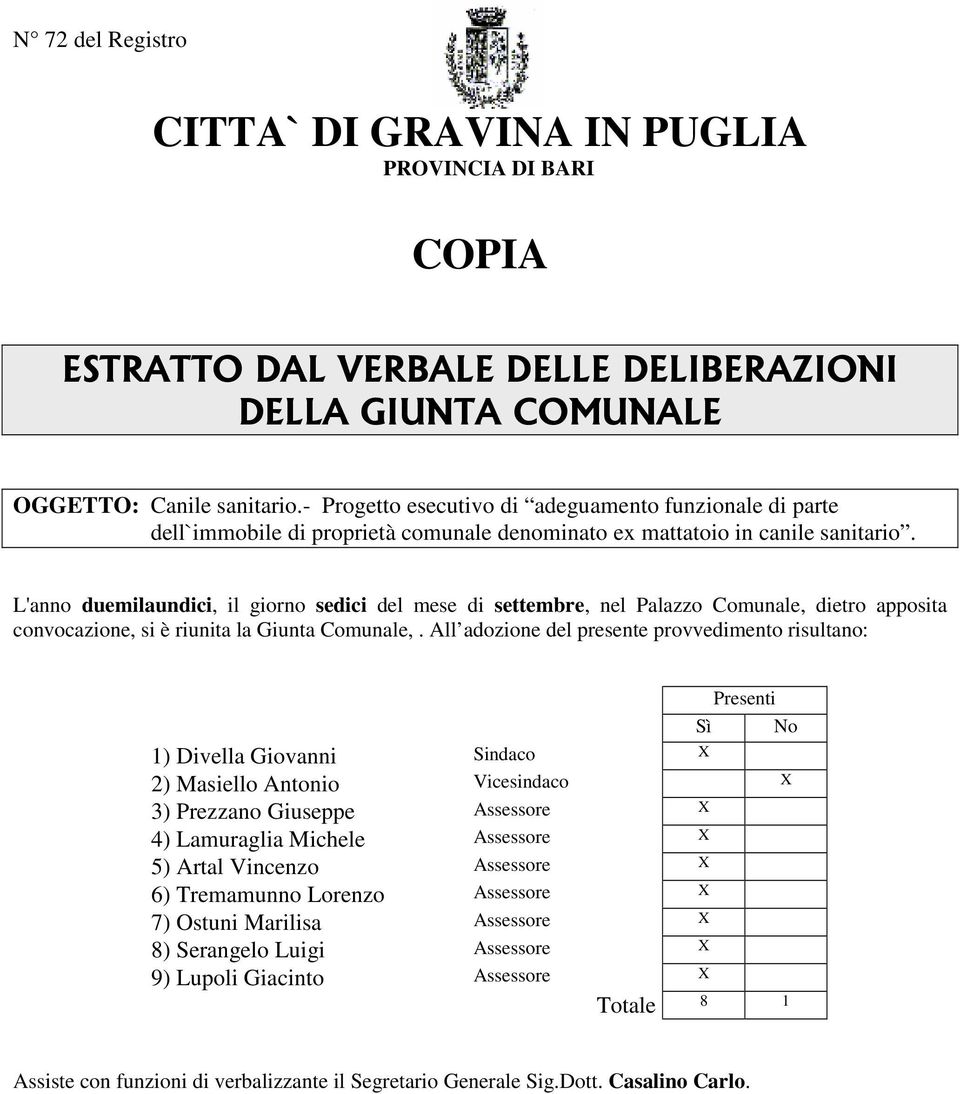 L'anno duemilaundici, il giorno sedici del mese di settembre, nel Palazzo Comunale, dietro apposita convocazione, si è riunita la Giunta Comunale,.