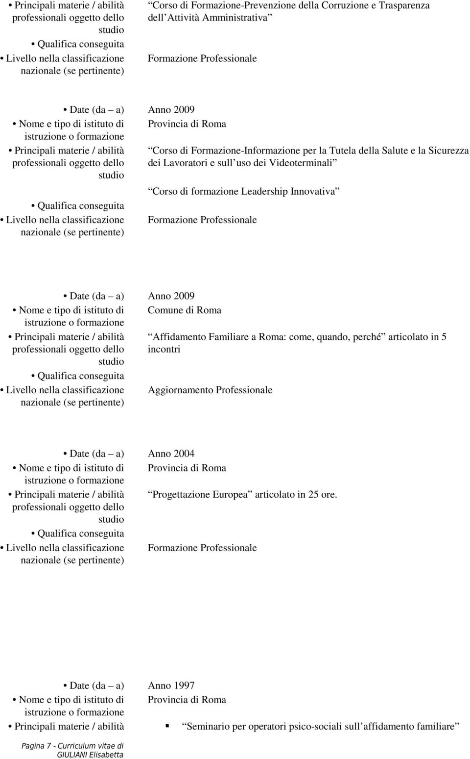 professionali oggetto dello dei Lavoratori e sull uso dei Videoterminali Qualifica conseguita Livello nella classificazione Corso di formazione Leadership Innovativa Formazione Professionale Date (da