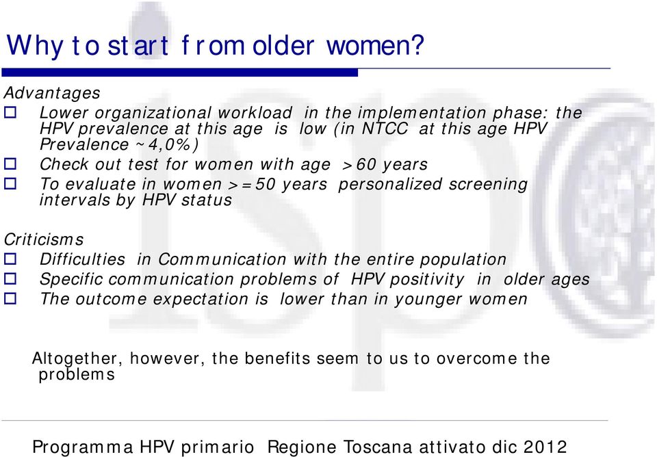 Check out test for women with age >60 years To evaluate in women >=50 years personalized screening intervals by HPV status Criticisms Difficulties in