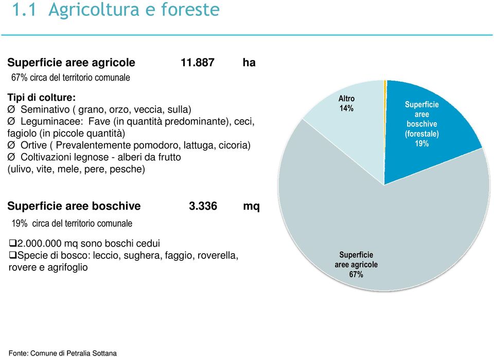 (in piccole quantità) Ø Ortive ( Prevalentemente pomodoro, lattuga, cicoria) Ø Coltivazioni legnose - alberi da frutto (ulivo, vite, mele, pere, pesche) Altro 14%