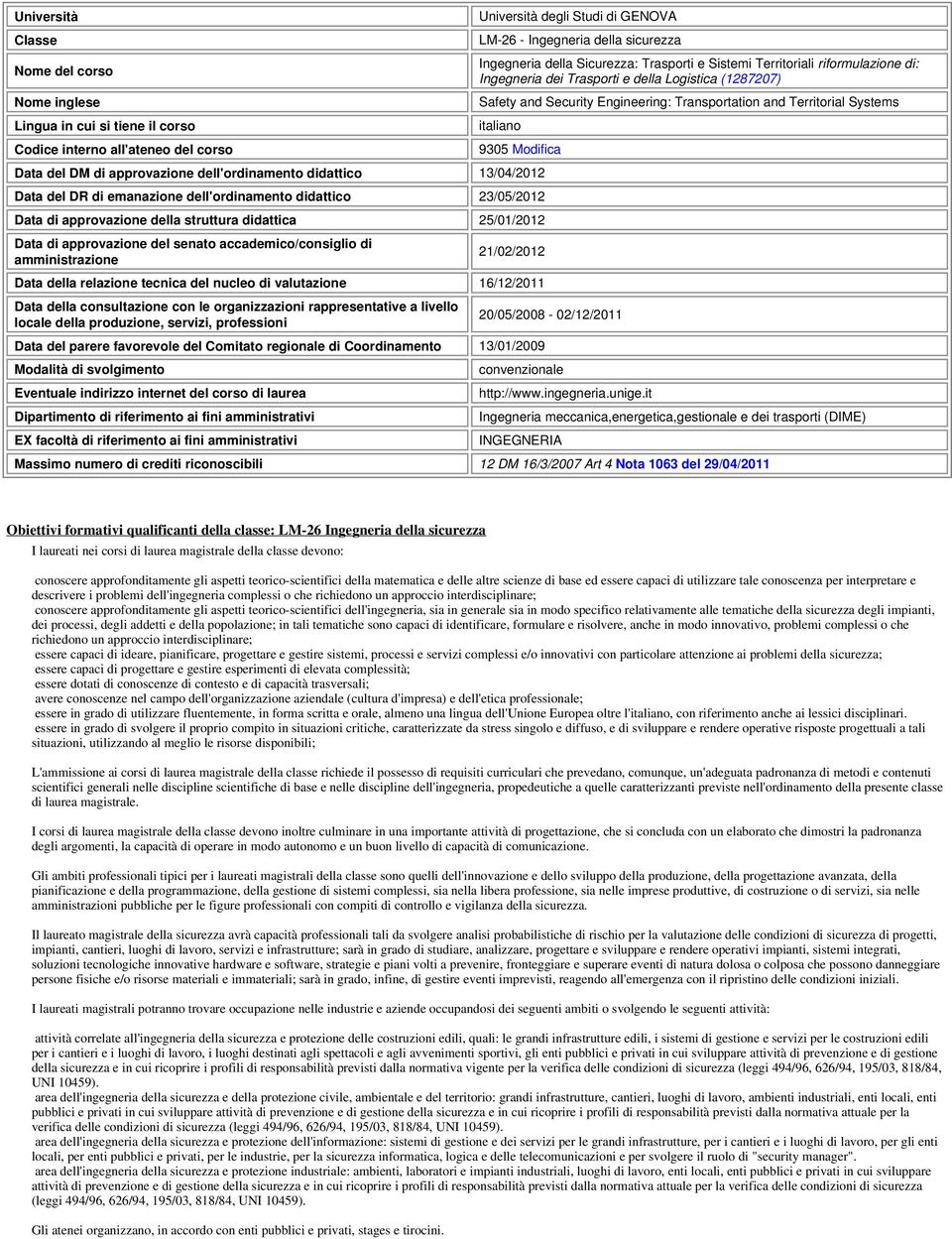 9305 Modifica Data del DM di approvazione dell'ordinamento didattico 13/04/2012 Data del DR di emanazione dell'ordinamento didattico 23/05/2012 Data di approvazione della struttura didattica