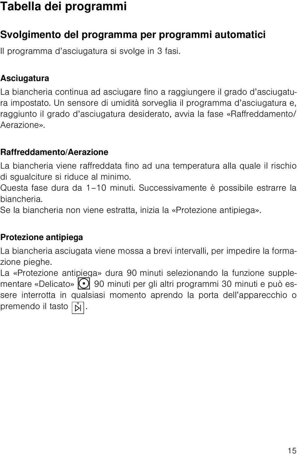 Un sensore di umidità sorveglia il programma d asciugatura e, raggiunto il grado d asciugatura desiderato, avvia la fase «Raffreddamento/ Aerazione».