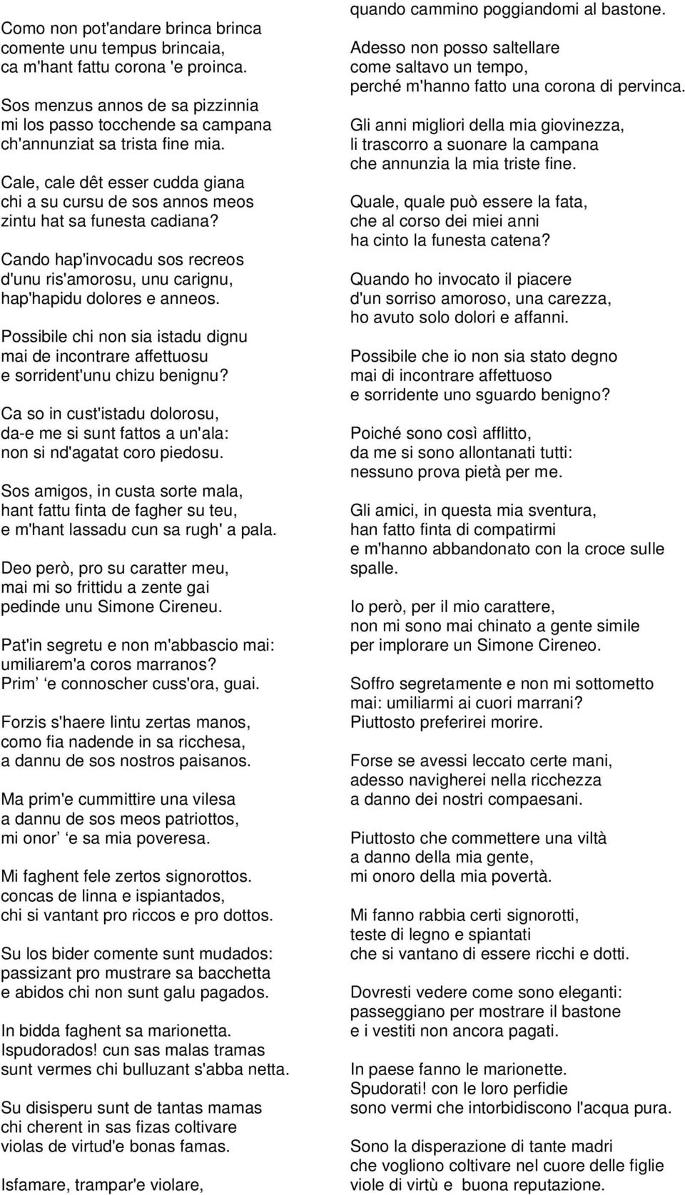 Possibile chi non sia istadu dignu mai de incontrare affettuosu e sorrident'unu chizu benignu? Ca so in cust'istadu dolorosu, da-e me si sunt fattos a un'ala: non si nd'agatat coro piedosu.