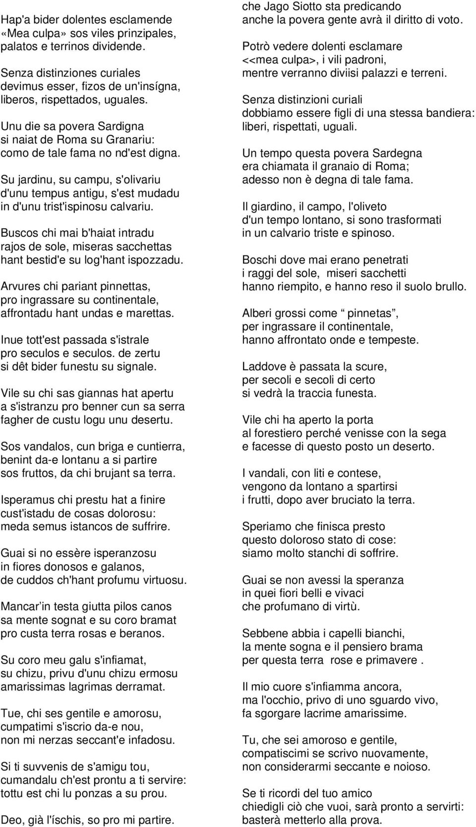 Buscos chi mai b'haiat intradu rajos de sole, miseras sacchettas hant bestid'e su log'hant ispozzadu. Arvures chi pariant pinnettas, pro ingrassare su continentale, affrontadu hant undas e marettas.