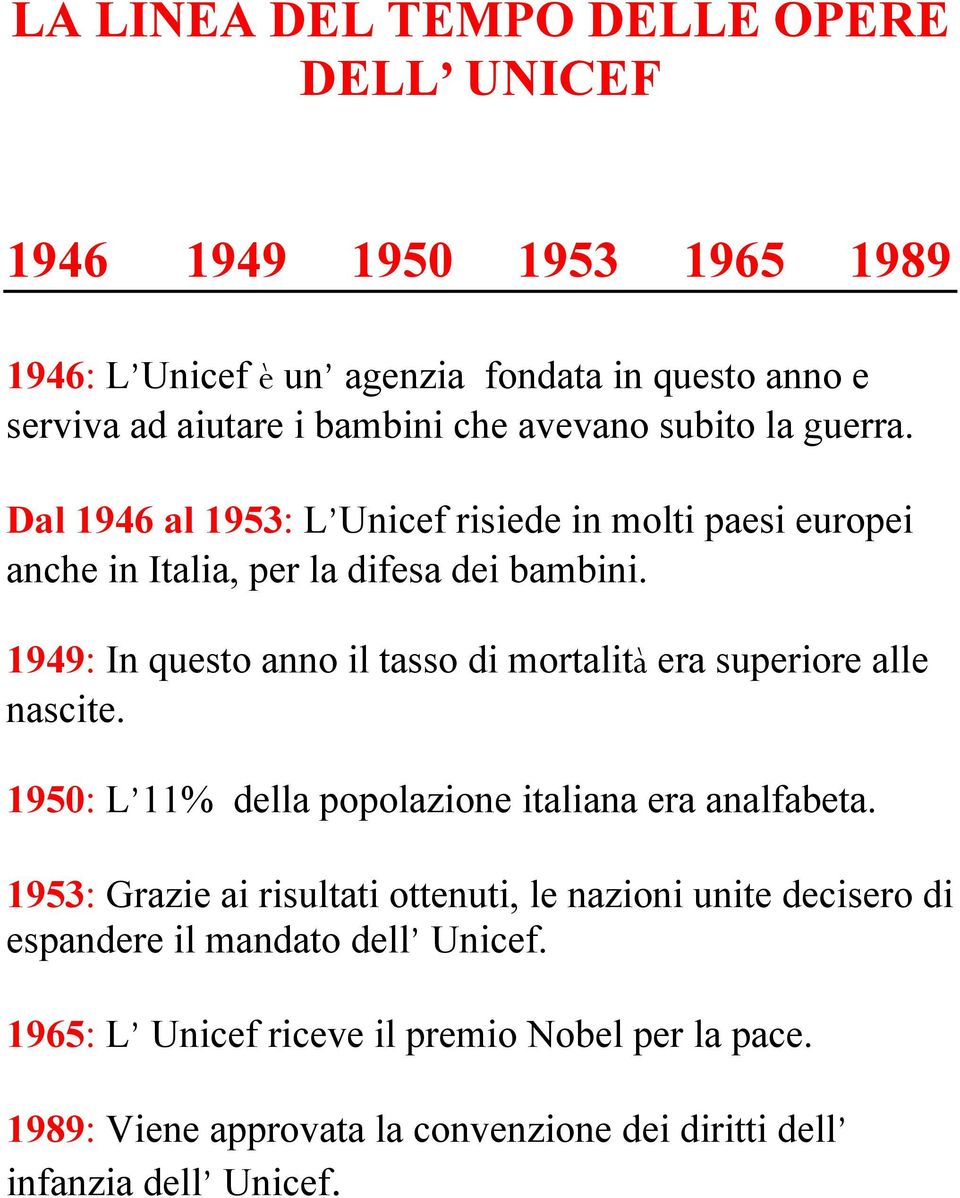 1949: In questo anno il tasso di mortalità era superiore alle nascite. 1950: L 11% della popolazione italiana era analfabeta.