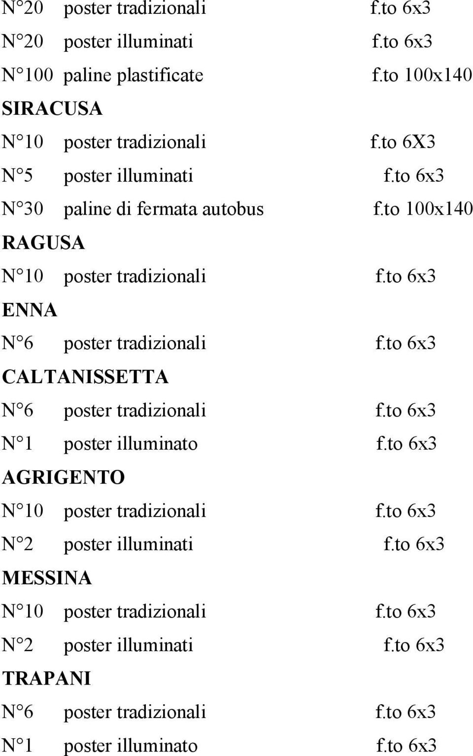 to 6x3 ENNA N 6 poster tradizionali f.to 6x3 CALTANISSETTA N 6 poster tradizionali f.to 6x3 N 1 poster illuminato f.