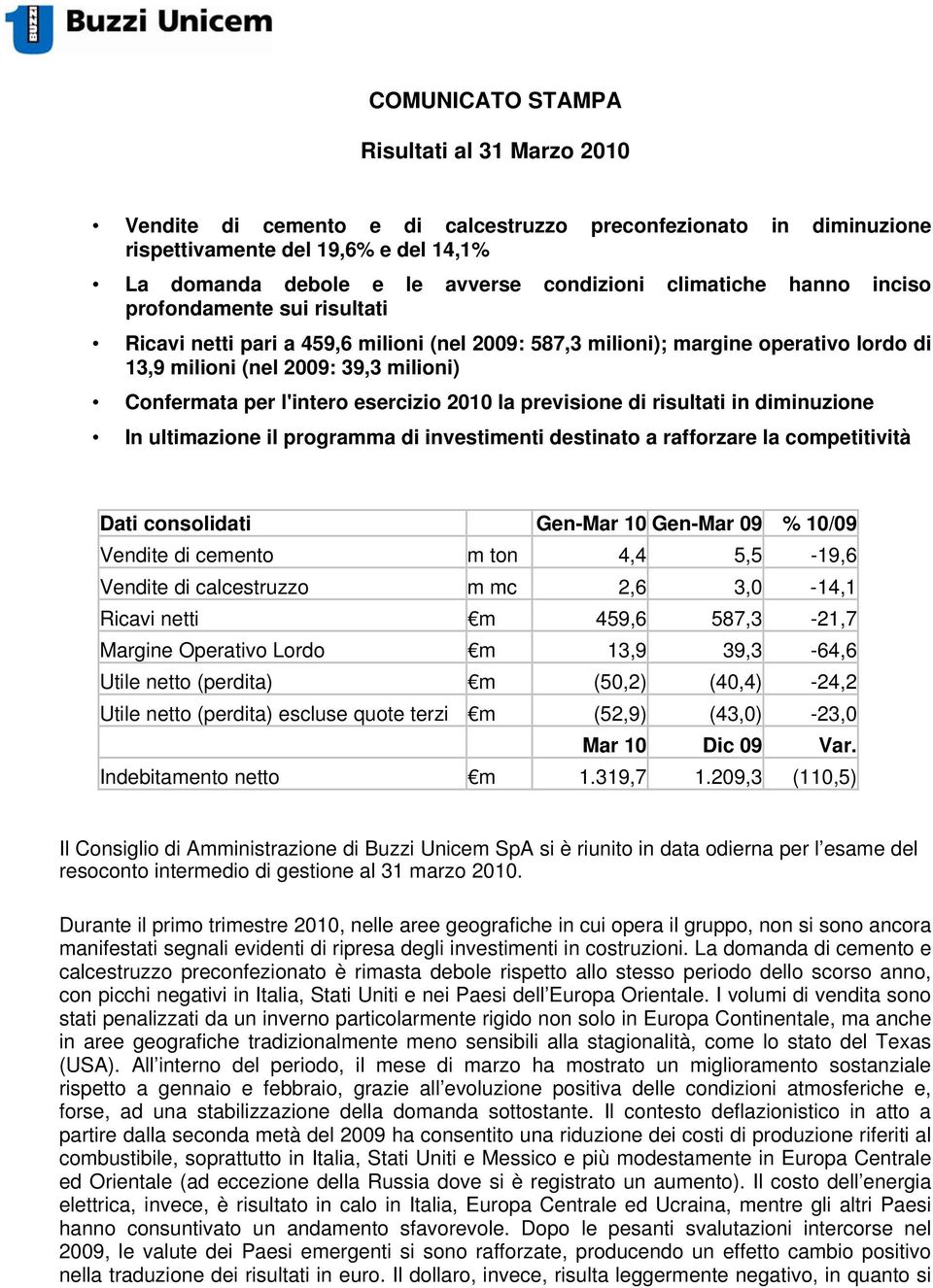 l'intero esercizio 2010 la previsione di risultati in diminuzione In ultimazione il programma di investimenti destinato a rafforzare la competitività Dati consolidati Gen-Mar 10 Gen-Mar 09 % 10/09