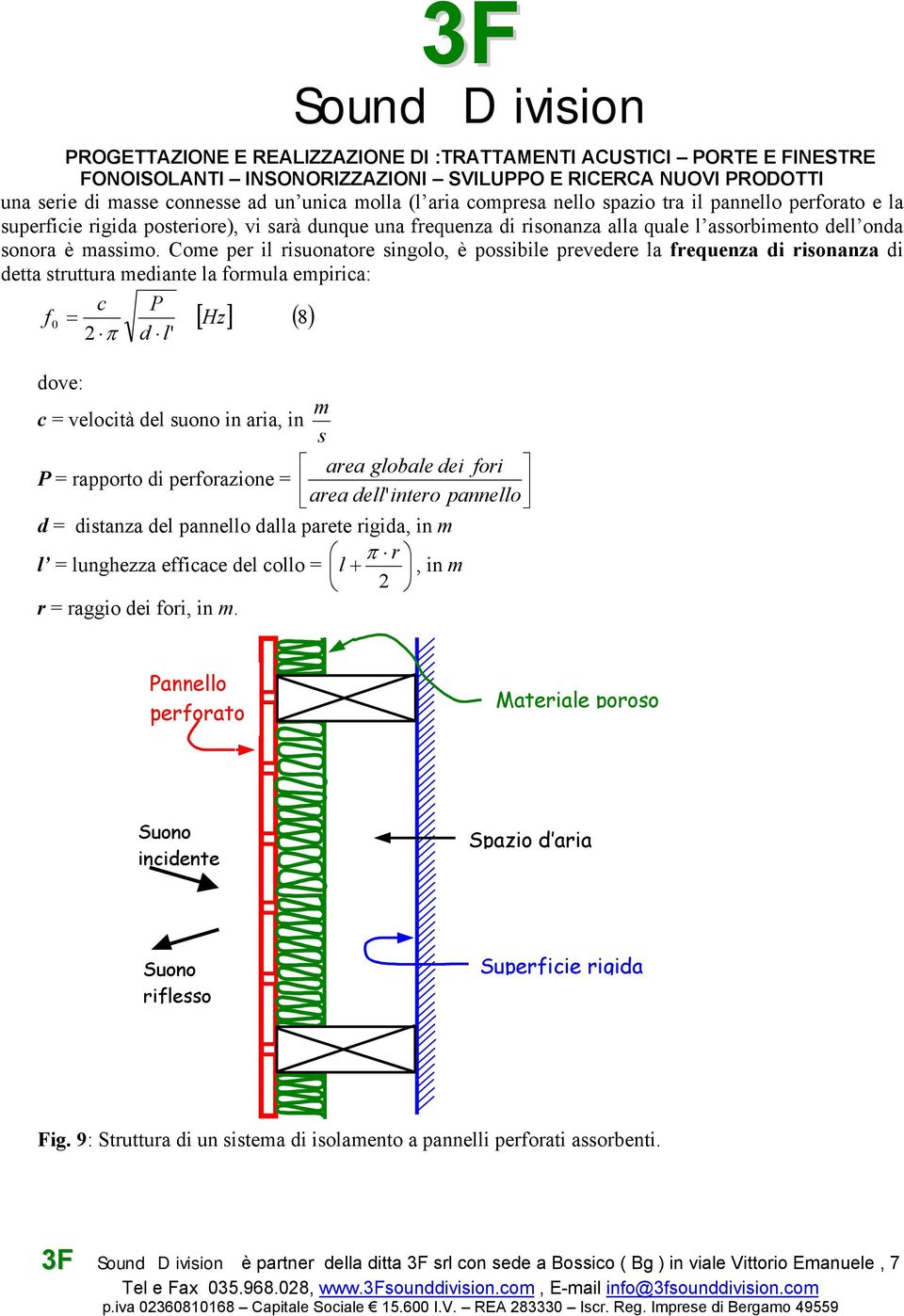 Come per il risuonatore singolo, è possibile prevedere la frequenza di risonanza di detta struttura mediante la formula empirica: c P f = [ ] () 8 0 2 π d l' Hz dove: m c = velocità del suono in