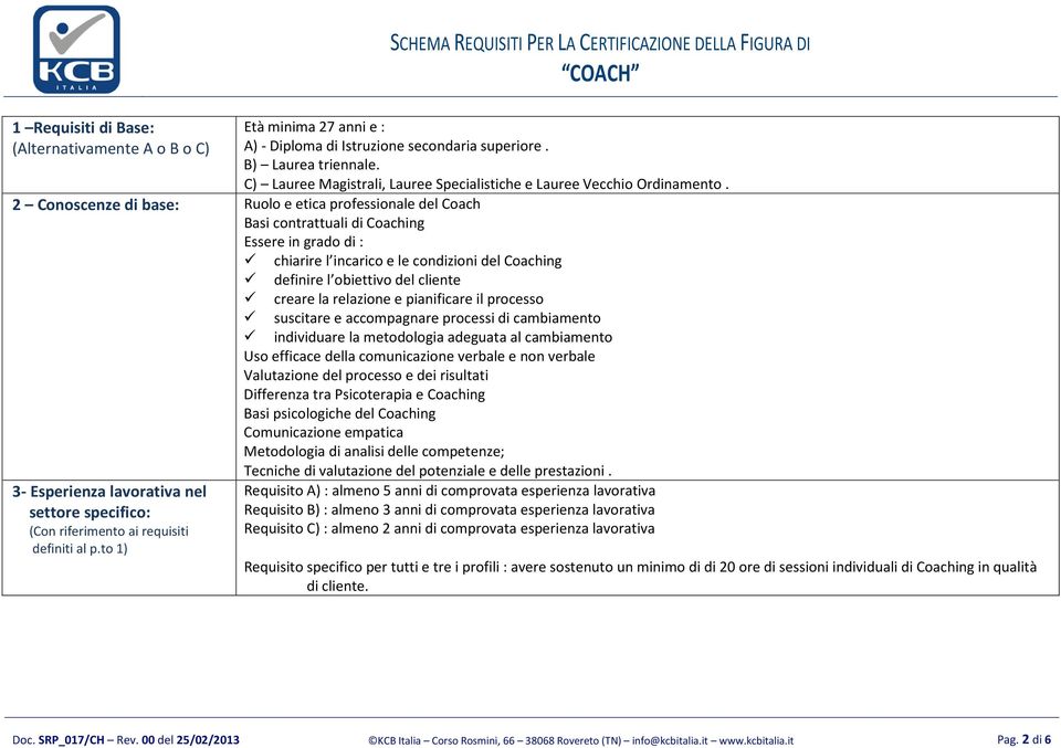 2 Conoscenze di base: Ruolo e etica professionale del Coach Basi contrattuali di Coaching Essere in grado di : 3- Esperienza lavorativa nel settore specifico: (Con riferimento ai requisiti definiti