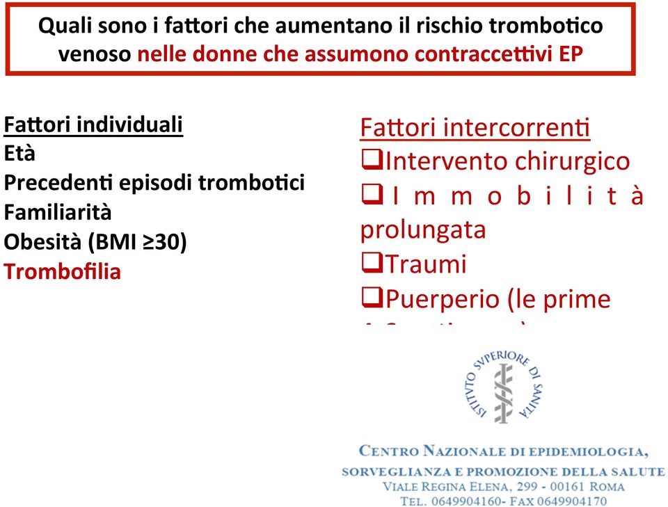 Familiarità Obesità (BMI 30) Trombofilia FaOori intercorren3 q Intervento